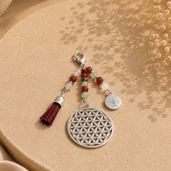 Talisman Arbre de Vie & Fleur de Vie – Aventurine, Cornaline & Cristal de Roche