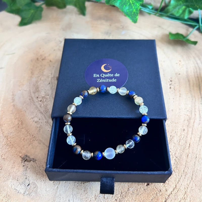 Esprit Posé – Jaspe Bleu Doré, Cristal de Roche & Fluorite