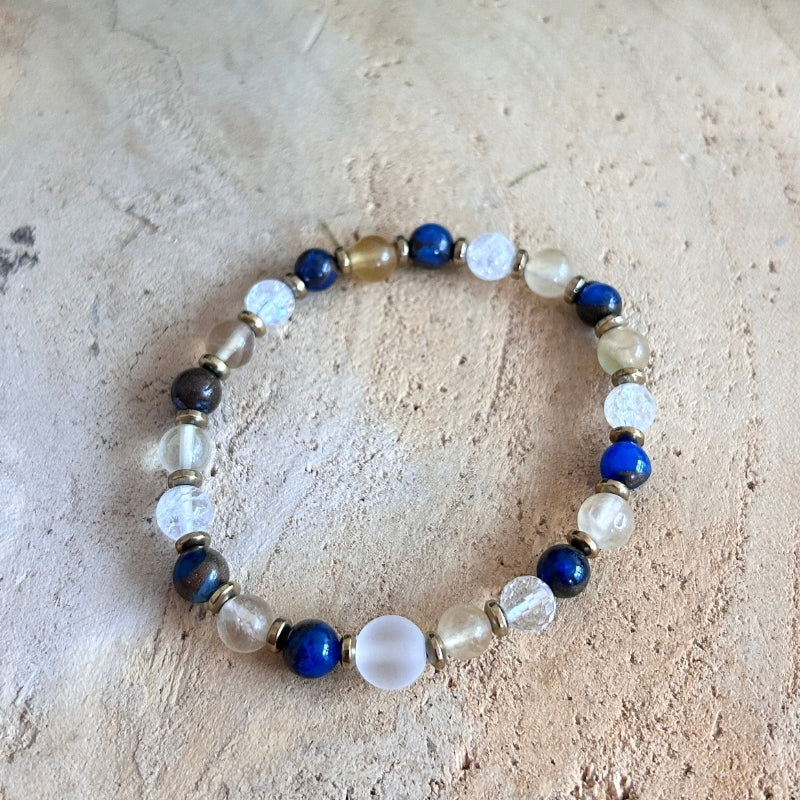 Esprit Posé – Jaspe Bleu Doré, Cristal de Roche & Fluorite