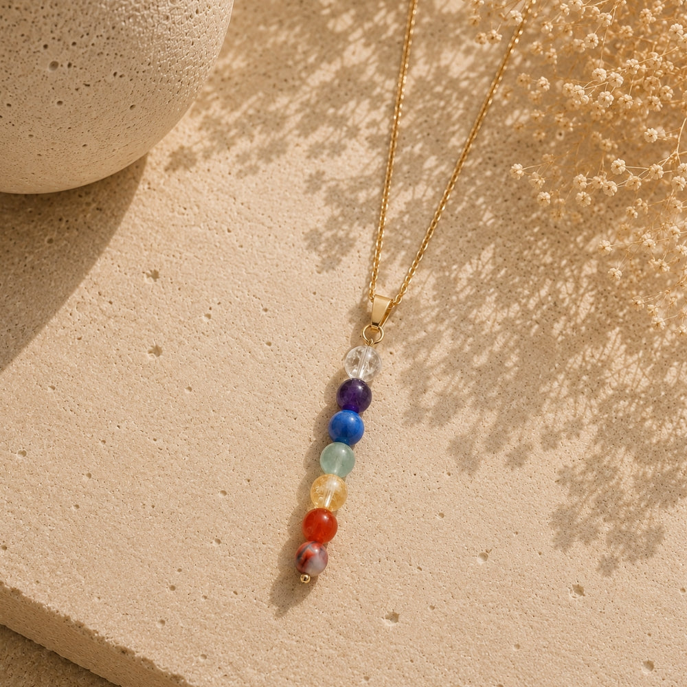 Collier Harmonie des 7 Chakras – Jaspe Rouge, Cornaline, Citrine, Aventurine, Sodalite, Améthyste & Cristal de Roche