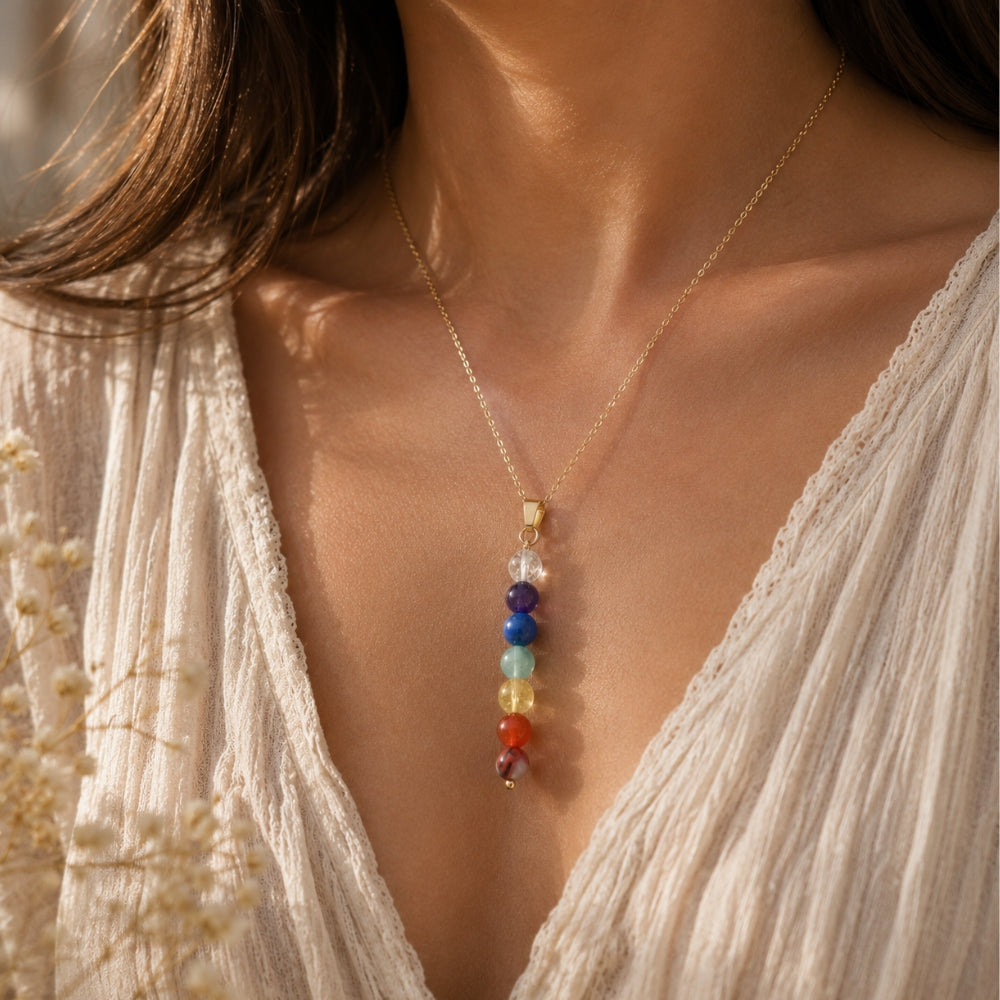 Collier Harmonie des 7 Chakras – Jaspe Rouge, Cornaline, Citrine, Aventurine, Sodalite, Améthyste & Cristal de Roche