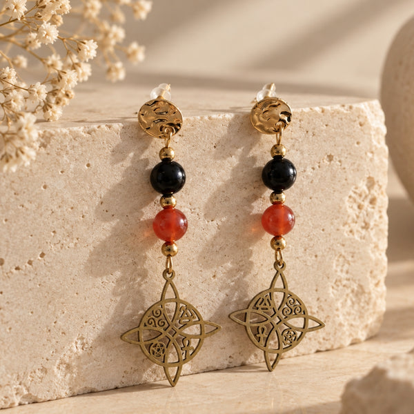 Boucles d’Oreilles Protection Sacrée – Tourmaline, Cornaline & Cristal de Roche