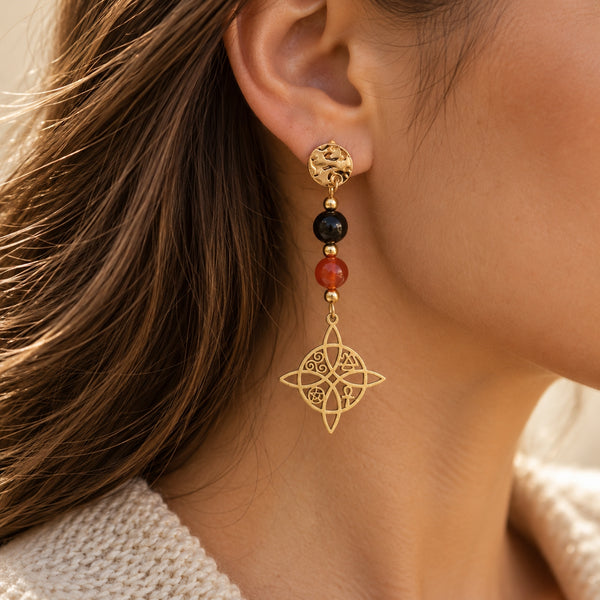 Boucles d’Oreilles Protection Sacrée – Tourmaline, Cornaline & Cristal de Roche