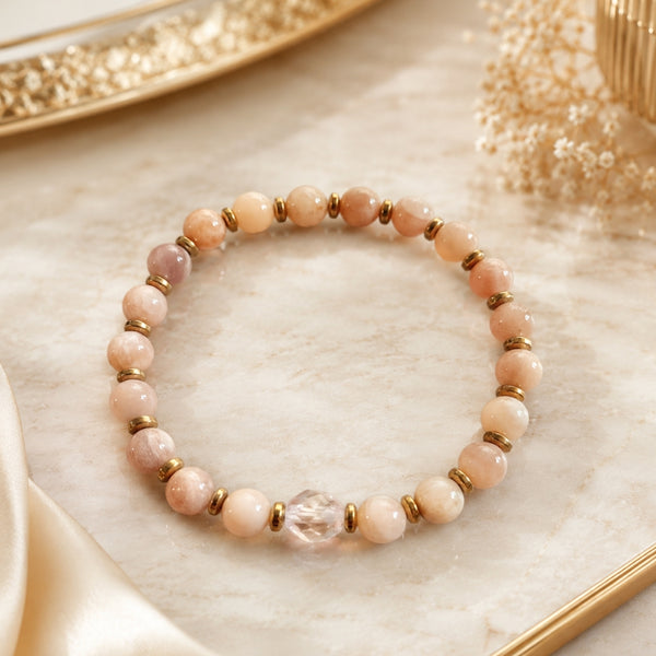 Bracelet Douceur Intuitive – Pierre de Lune Rose & Cristal de Roche
