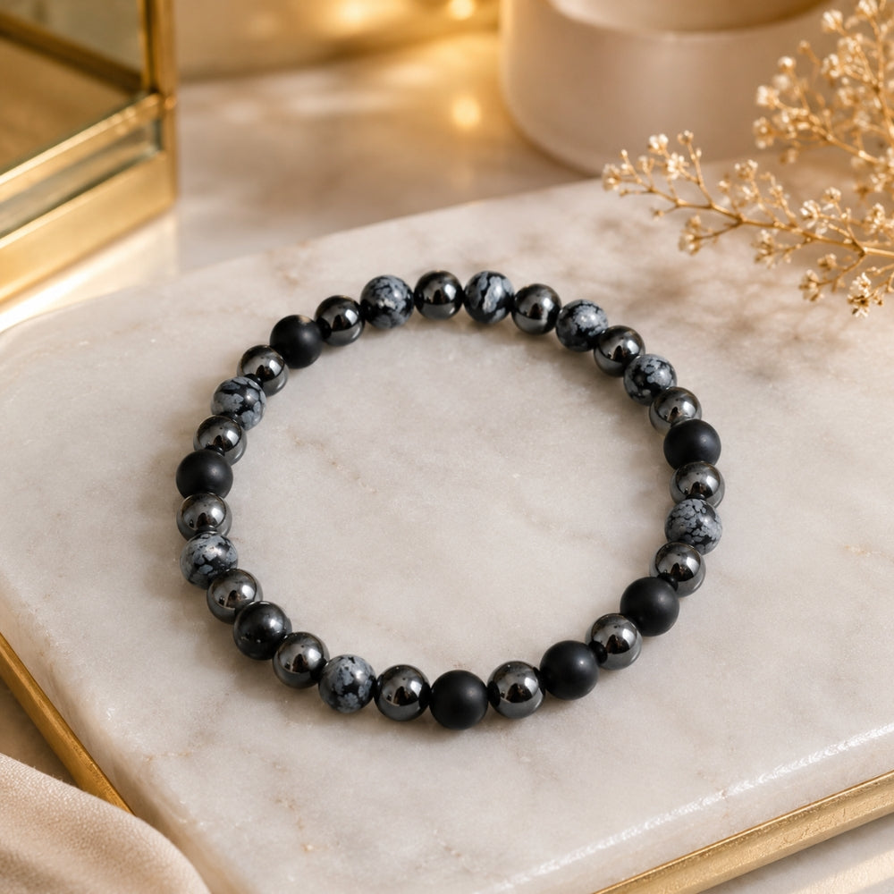 Bracelet Stabilité Intérieure – Obsidienne Flocon de Neige & Hématite
