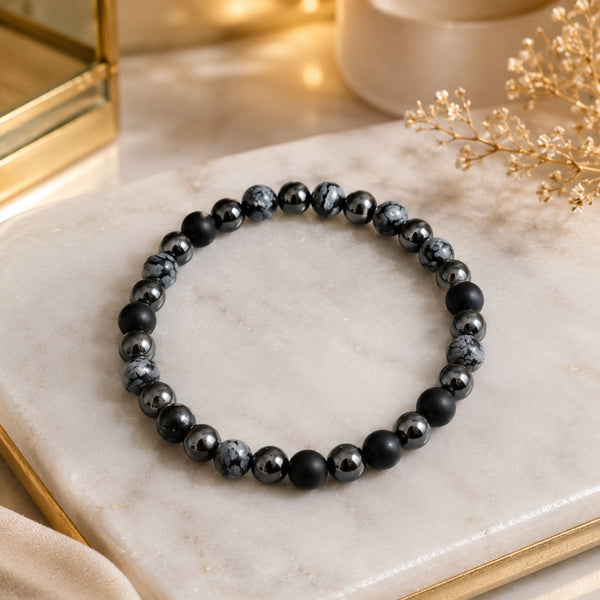 Bracelet Stabilité Intérieure – Obsidienne Flocon de Neige & Hématite