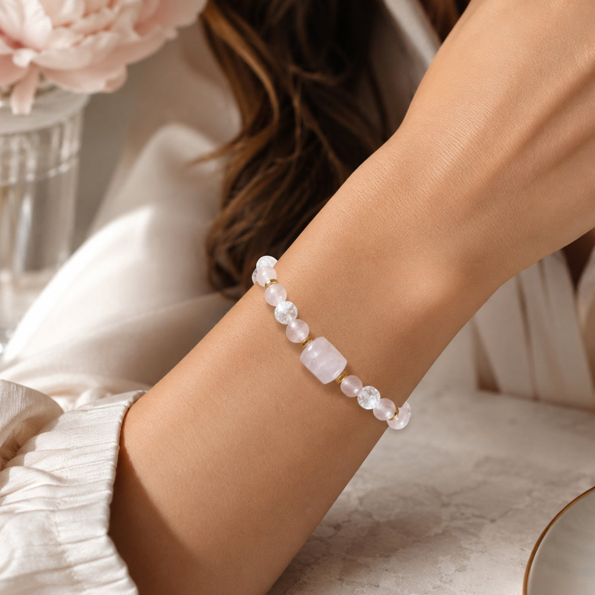 Bracelet Douceur & Lumière – Quartz Rose & Cristal de Roche