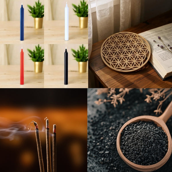 Pack rituels lunaires complet (15 encens, 4 bougies rituels, sel noir de protection, socle en fleur de vie)