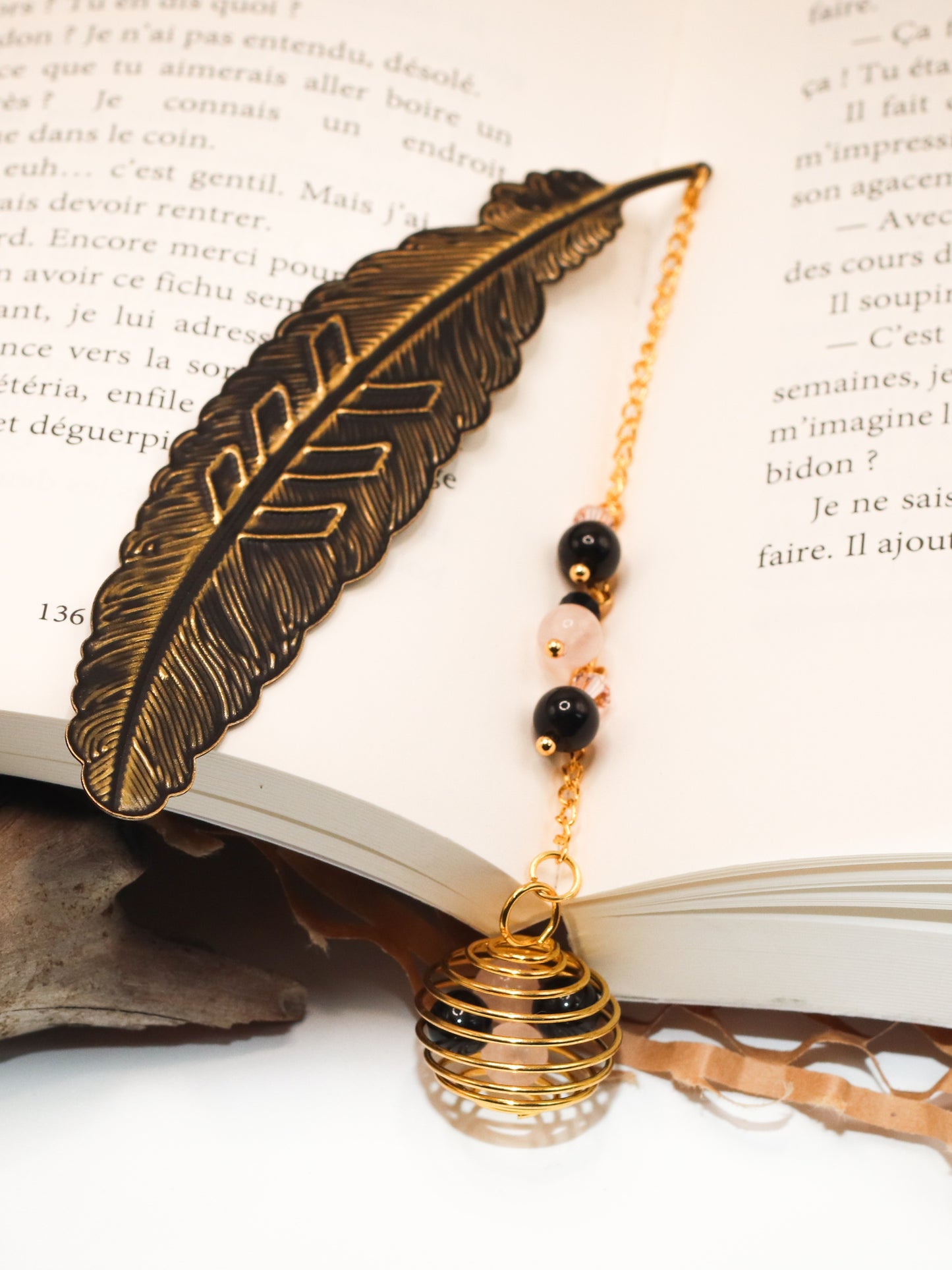 Voile du Cœur – Marque-page en Quartz Rose & Obsidienne