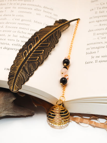 Voile du Cœur – Marque-page en Quartz Rose & Obsidienne