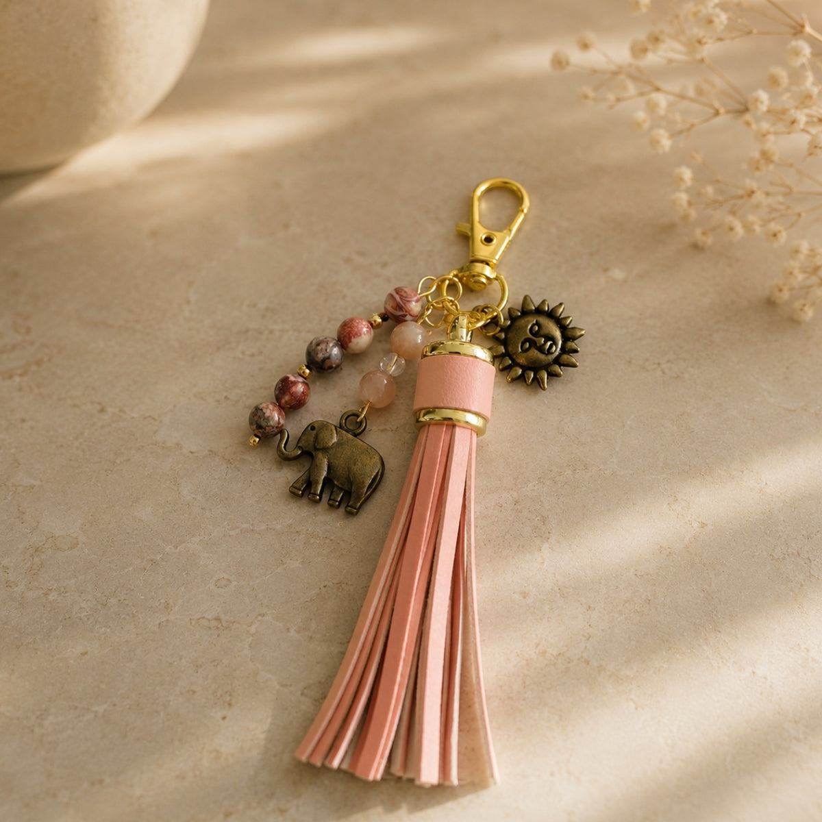 Talisman Ancrage Lunaire – Jaspe Léopard, Pierre de Lune Rose & Cristal de Roche