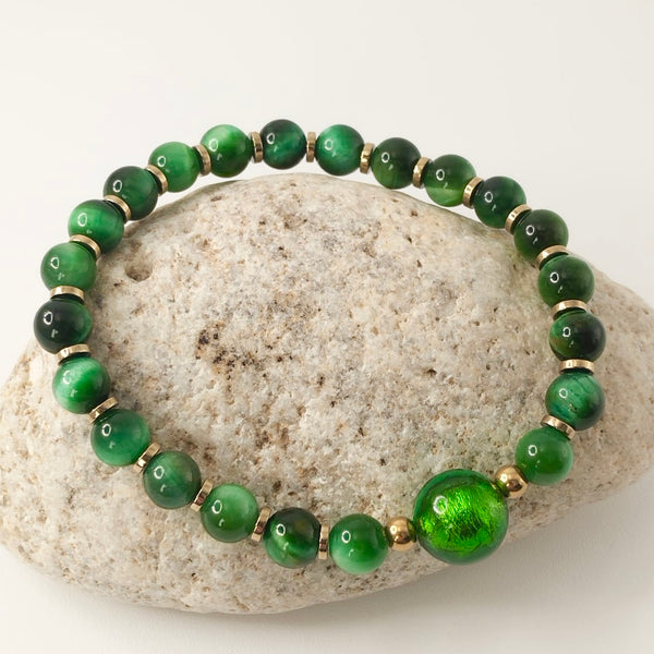 Portofino - Oeil de Tigre Vert chauffé & Perle de Murano
