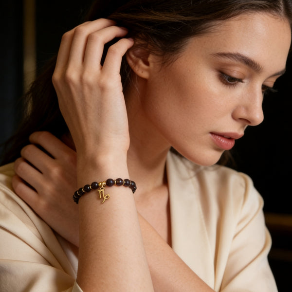 Bracelet Signe Capricorne – Quartz Fumé & Grenat