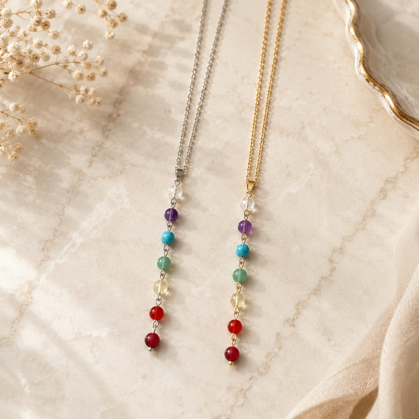 Collier Harmonie des 7 Chakras – Jaspe Rouge Impérial, Cornaline, Citrine, Aventurine, Apatite, Améthyste & Cristal de Roche