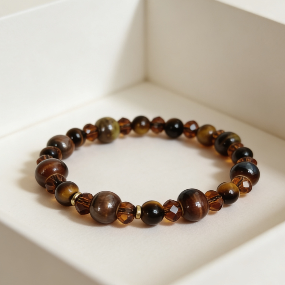 Bracelet Œil de Tigre, Céramique & Cristaux d’Autriche