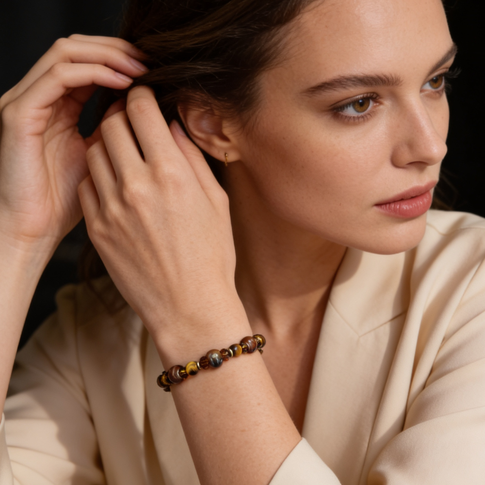 Bracelet Œil de Tigre, Céramique & Cristaux d’Autriche
