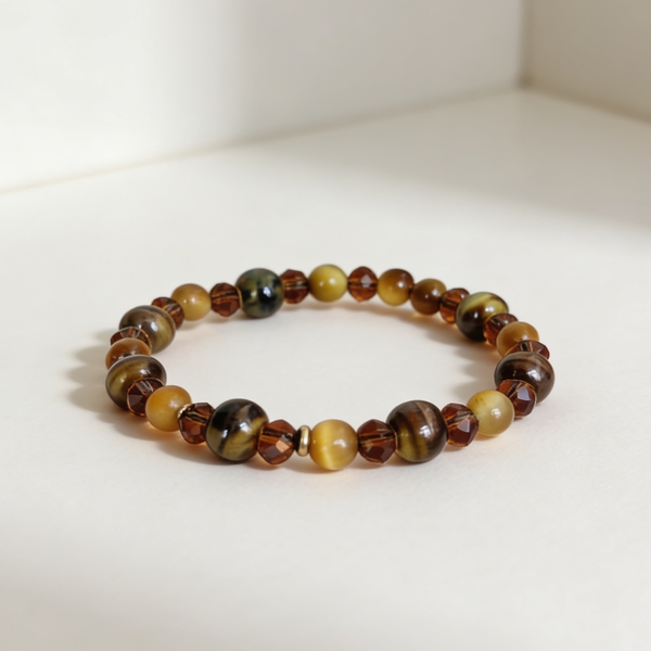 Bracelet Œil de Tigre Doré, Céramique & Cristaux d’Autriche