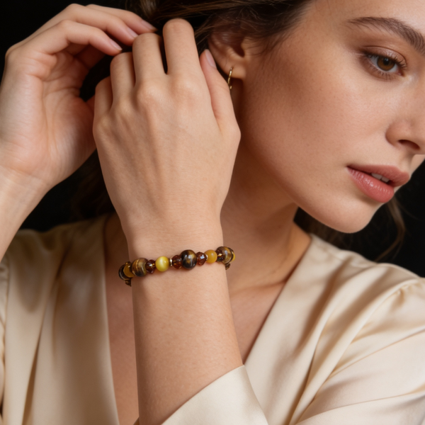 Bracelet Œil de Tigre Doré, Céramique & Cristaux d’Autriche