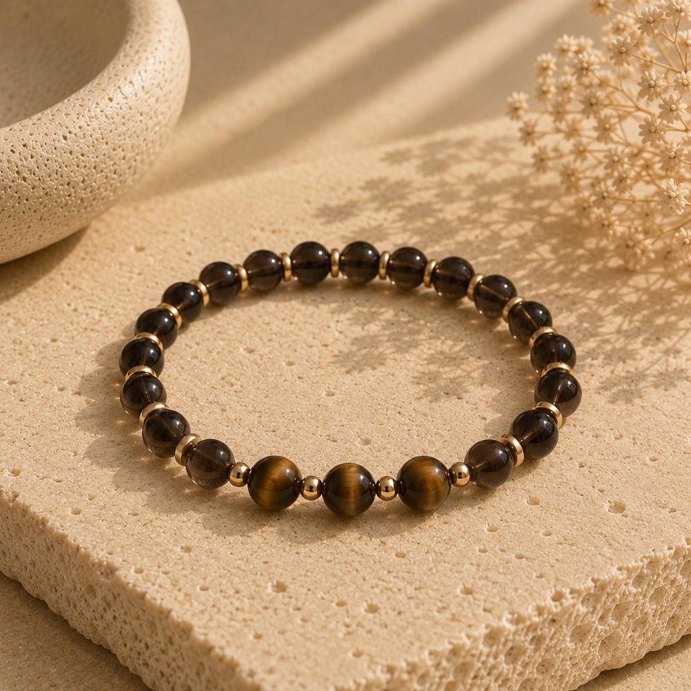 Bracelet Force & Ancrage – Quartz Fumé & Œil de Tigre