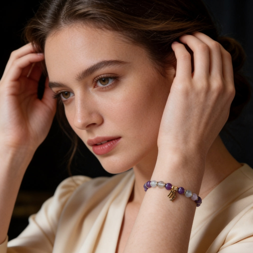 Bracelet Signe Vierge – Fluorite & Améthyste
